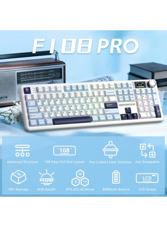 AULA F108 PRO Wireless Gaming Keyboard with Screen & Knob, 8000mAh Battery, Hot-Swappable Reaper Switches, RGB Backlit Side-Printed PBT Keycaps for Mac/PC Gaming - Image 2